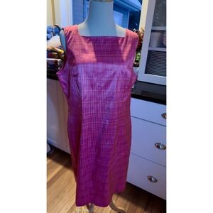 Talbots Silk Petites Pink Plaid Sleeveless Square Neck Sheath Dress Size 14